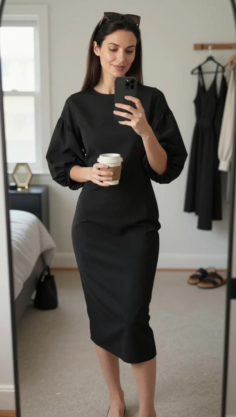 Black Puff Sleeve Midi Dress