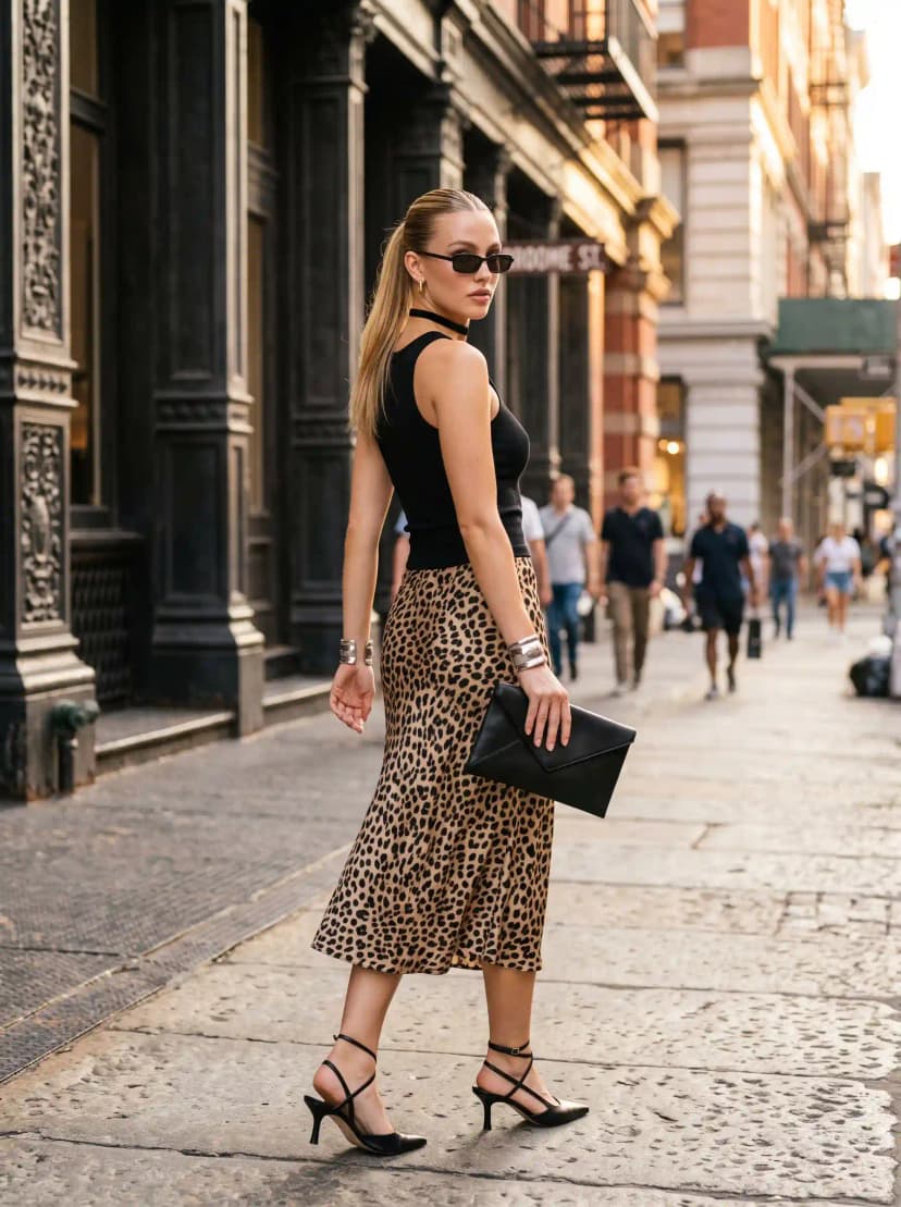 Black Tank Top + Leopard Print Midi Skirt