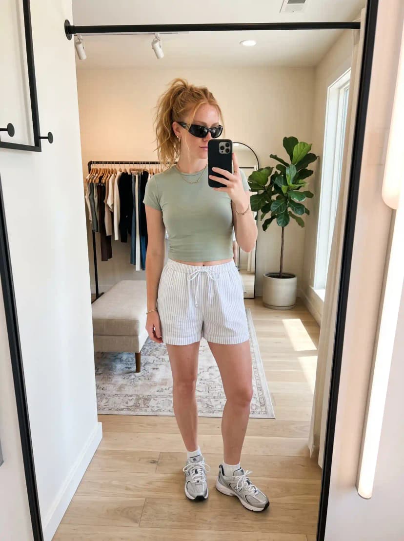 Sage Green T-Shirt + White Striped Shorts