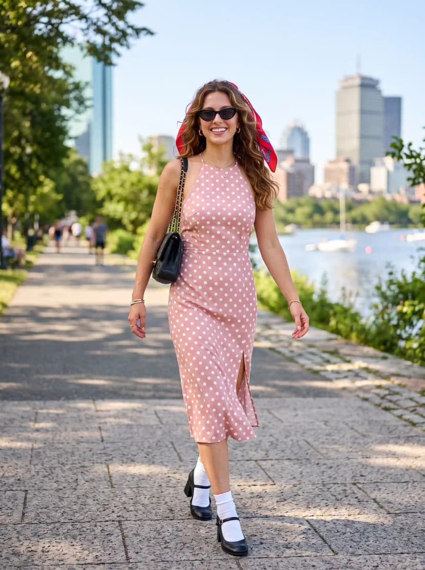 Pink Polka Dot Halter Midi Dress