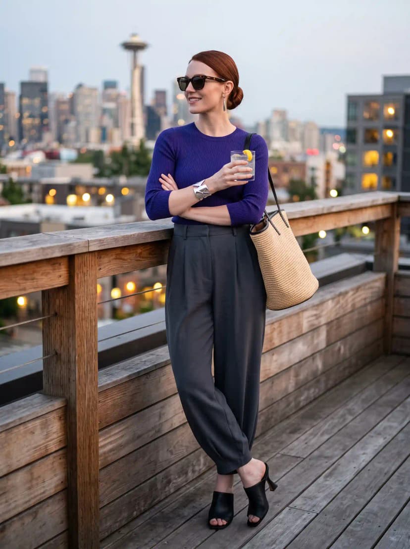 Purple Ribbed Long-Sleeve Top + Grey Pleated Trousers