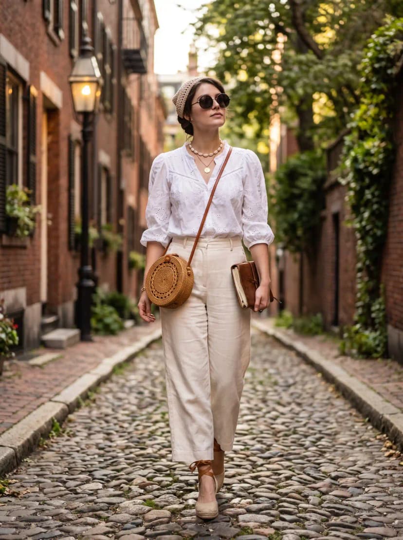 White Broderie Anglaise Blouse + Cream Wide-Leg Trousers
