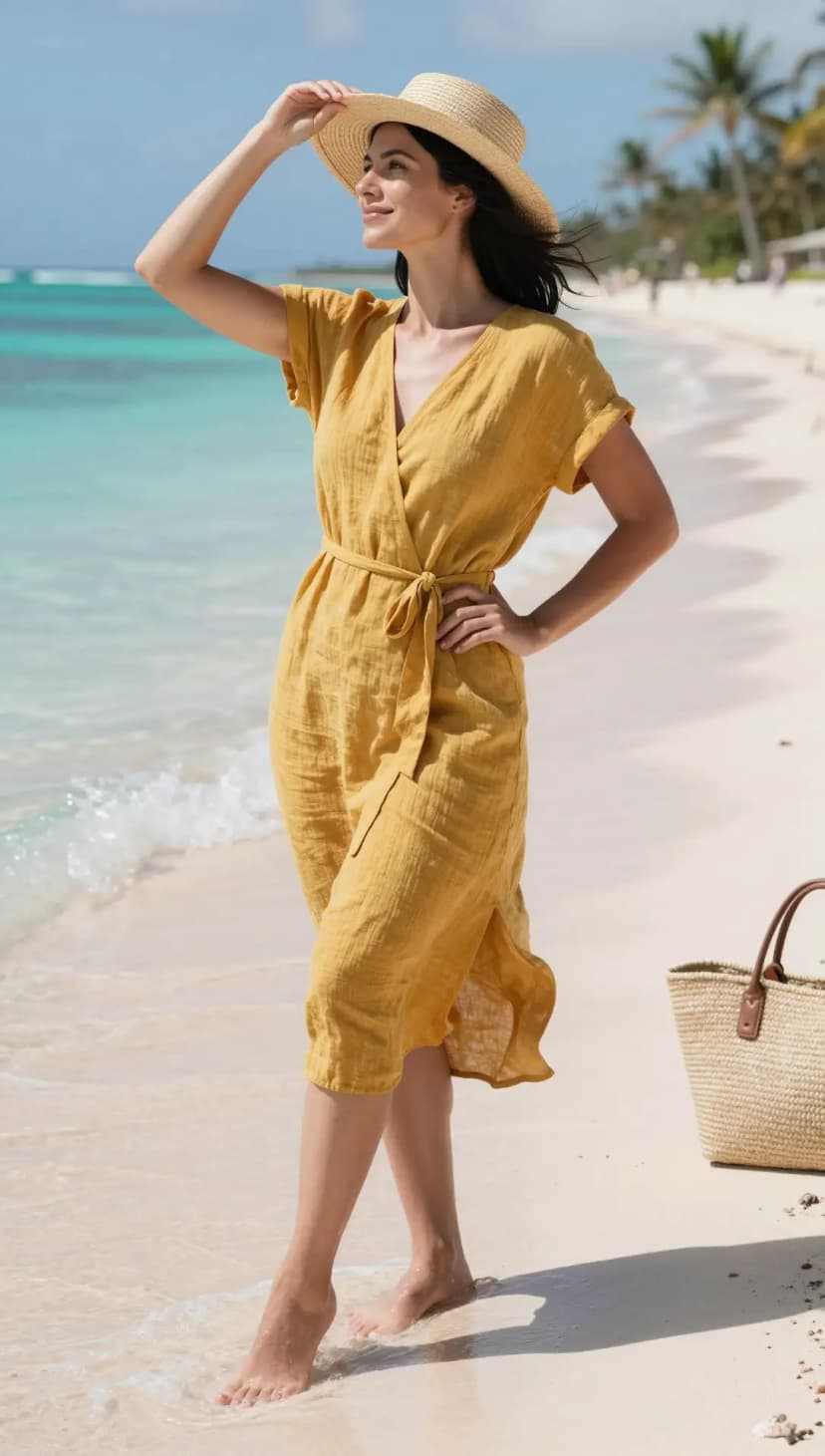 Yellow Linen Wrap Dress + Straw Fedora