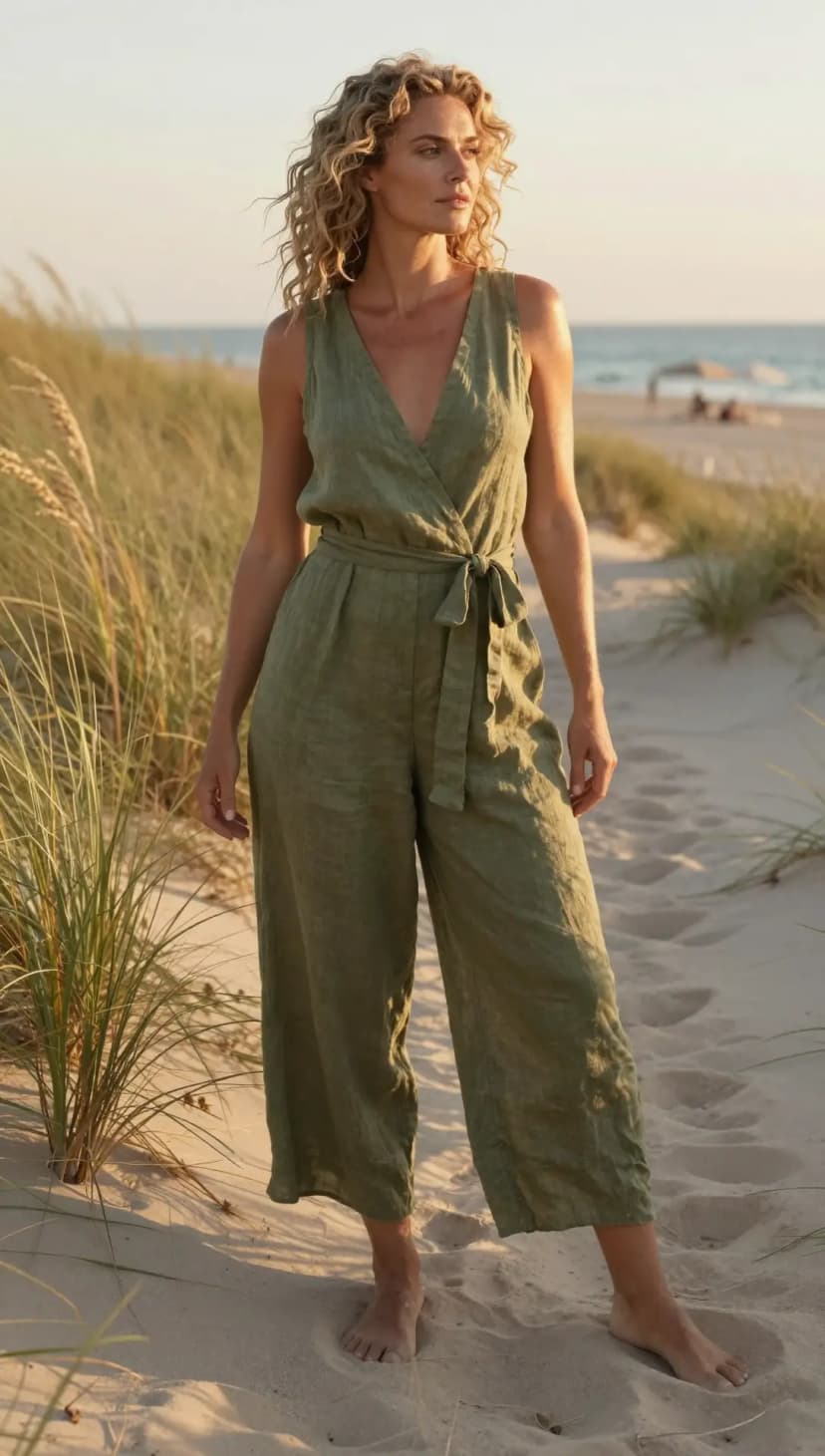 Beige Linen Wide-Leg Jumpsuit