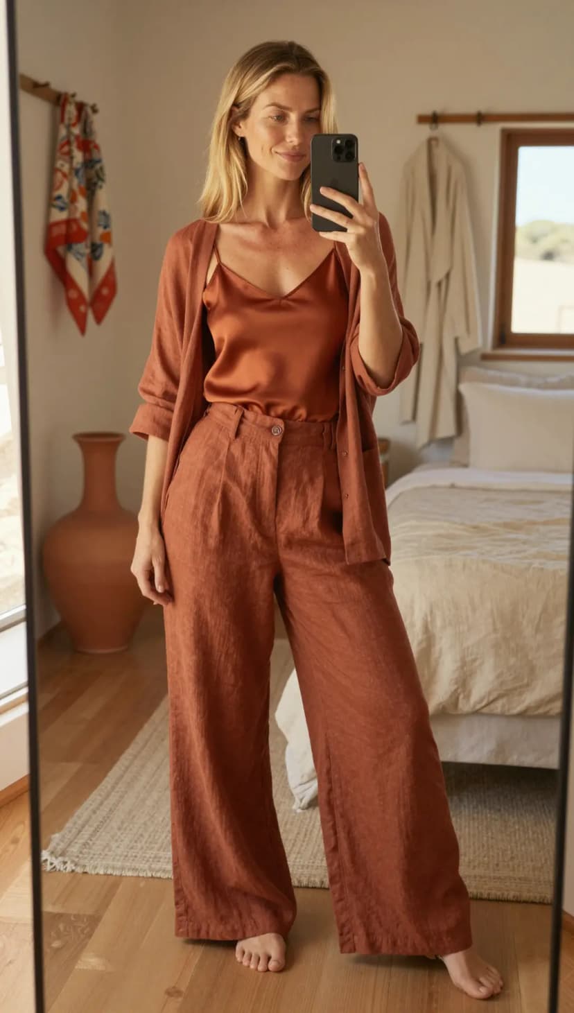 Copper Satin Camisole + Rust Linen Wide-Leg Trousers + Cream Knit Cardigan