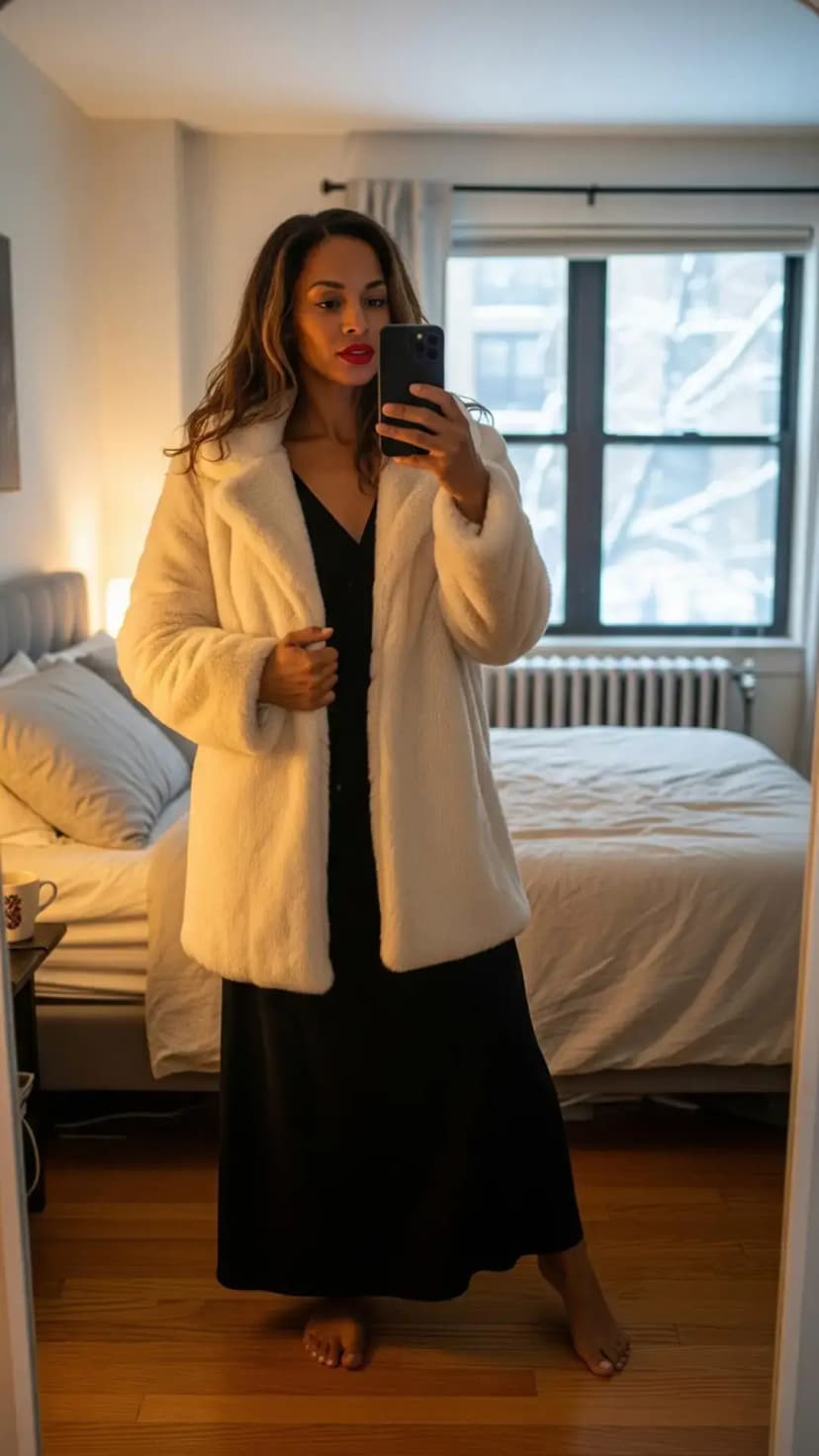 Black Slip Dress + Ivory Faux-Fur Coat