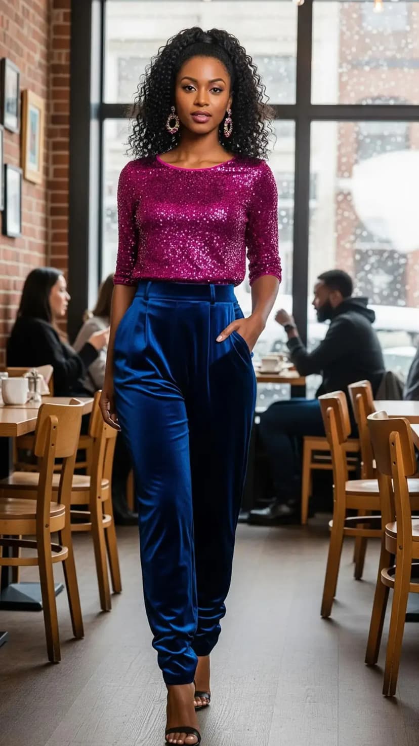 Fuchsia Sequin Top + Fuchsia Velvet Tailored Pants + Black Strappy Heels