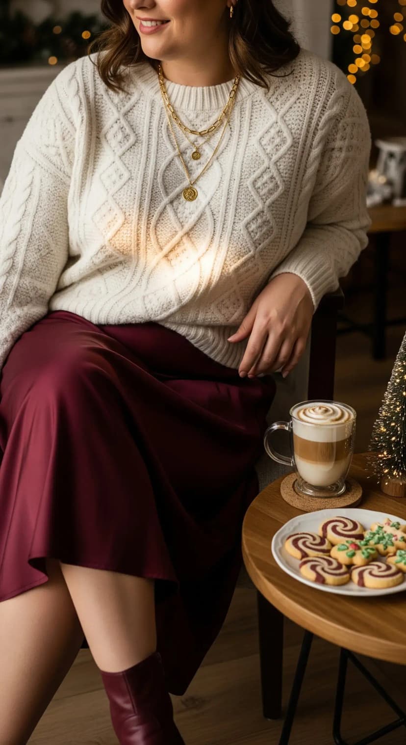 White Cable-Knit Sweater and Satin Burgundy Midi Skirt