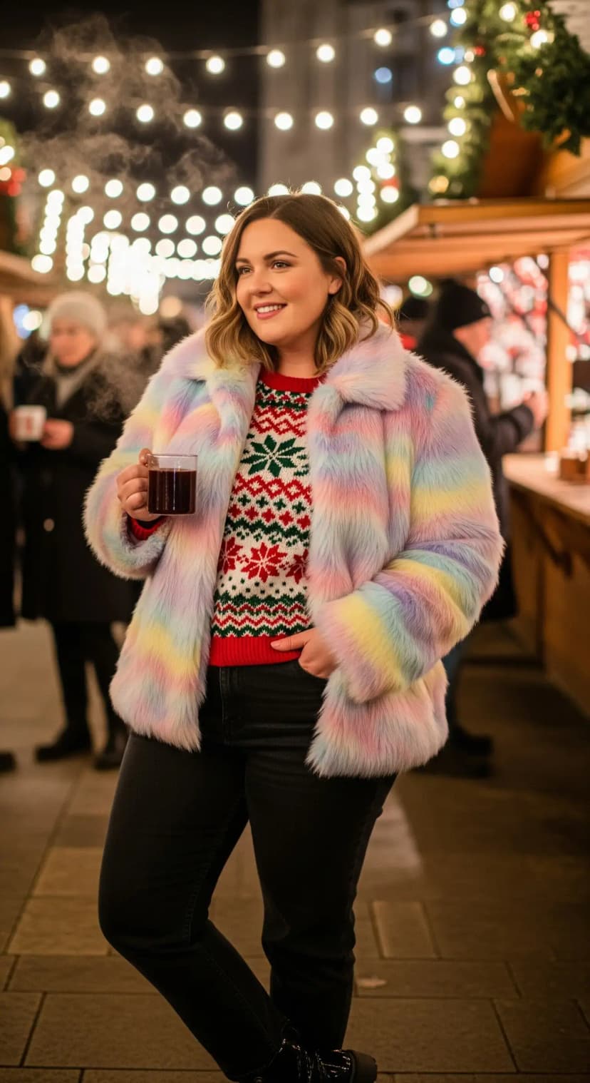 Pastel-colored Luxe Faux Fur Jacket + Fair-Isle Knit + Black Straight-leg Jeans