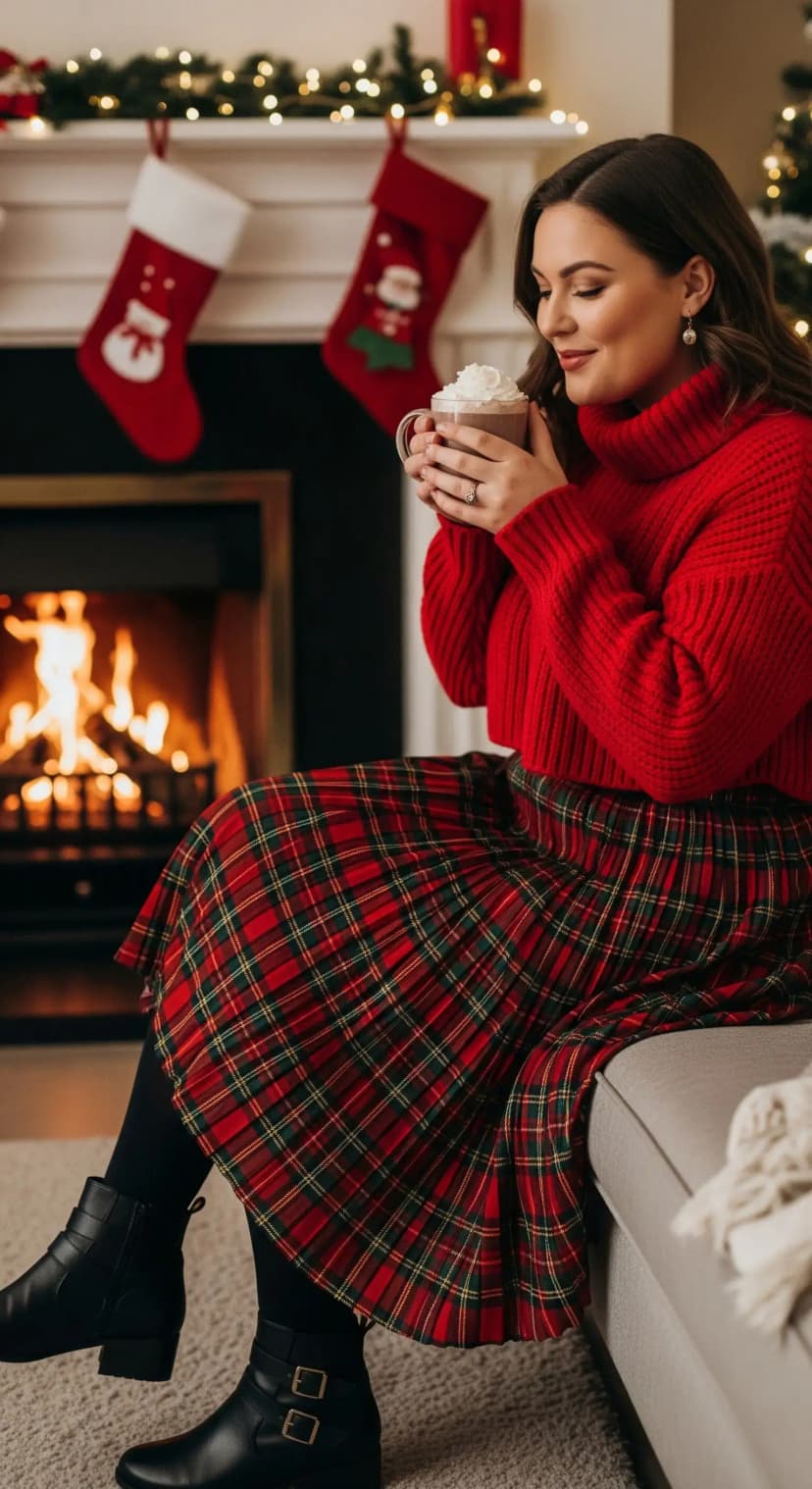 Plaid Skirt & Chunky Bold Red Knit Turtleneck