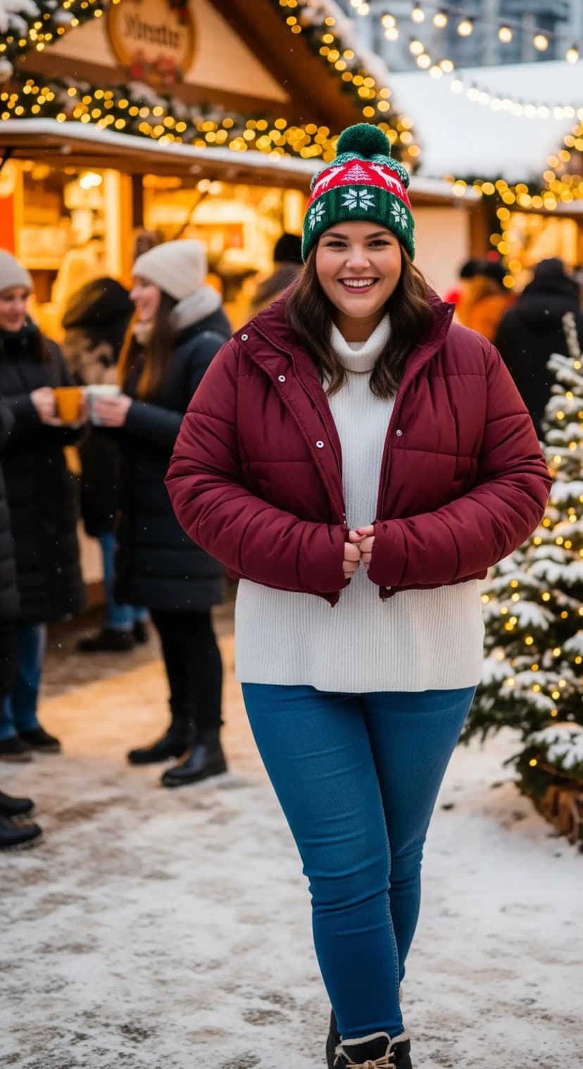 Cropped Burgundy Puffer Jacket + White Turtleneck Sweater + Festive Beanie