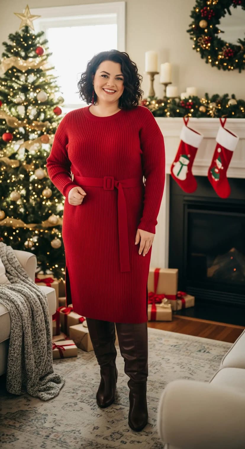 Red Ribbed Full-Sleeved Sweater Dress & Chocolate Colored Knee-high Boots