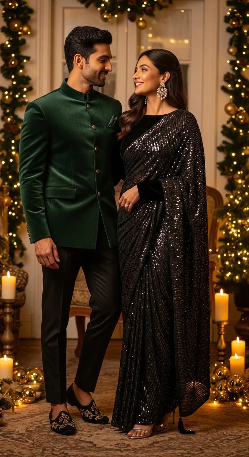 Velvet Blazer + Black Saree Look