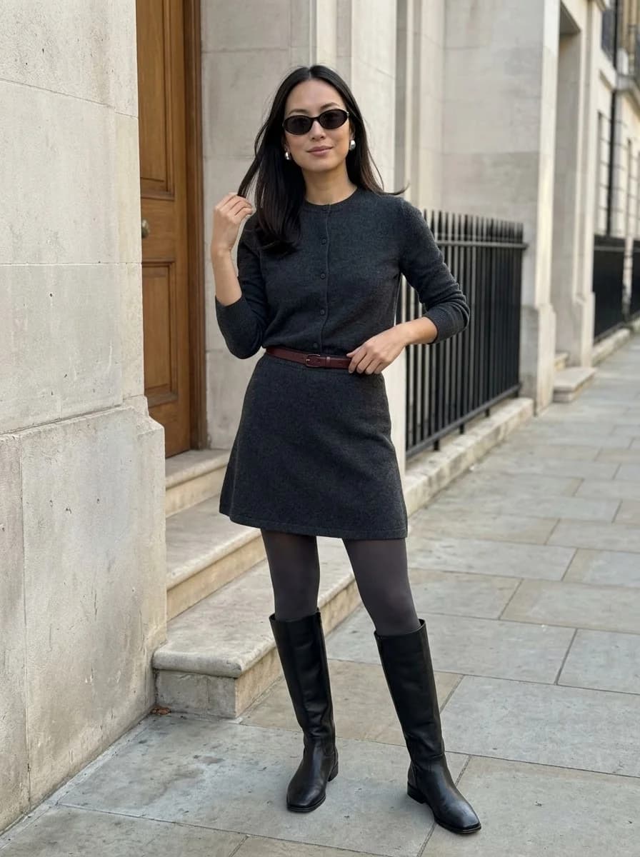 Charcoal button-front cardigan and matching mini skirt paired with black knee-high boots
