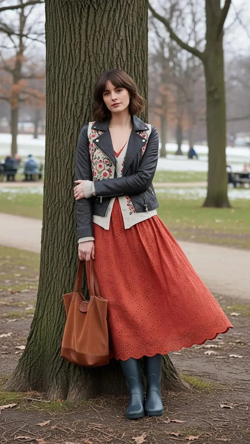Orange Eyelet Midi Dress + Embroidered Cardigan + Black Leather Moto Jacket + Blue Rain Boots + Brown Tote Bag