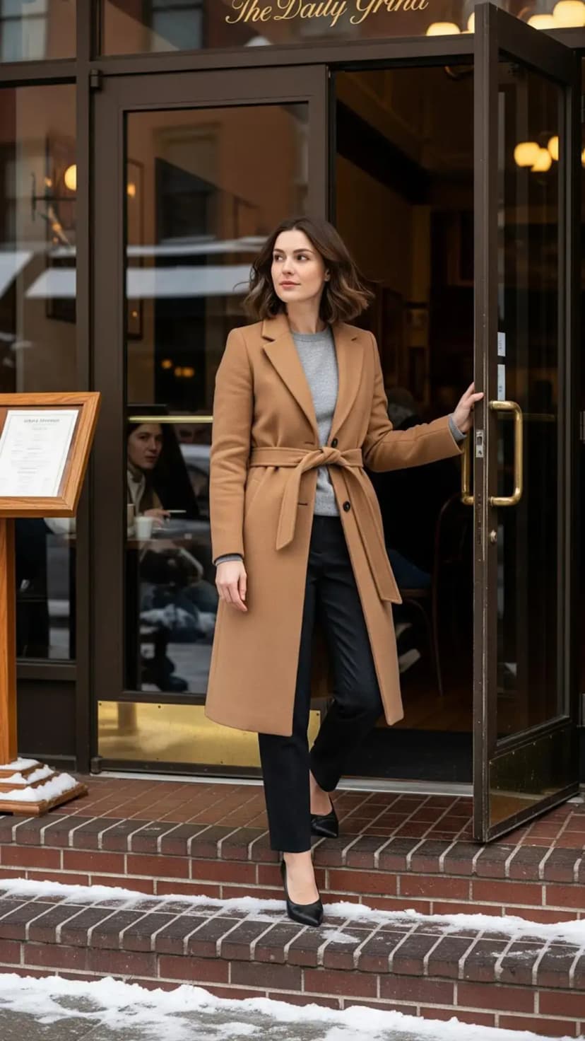 Camel Wool Coat + Grey Sweater + Black Tailored Trousers + Black Pointed Heels