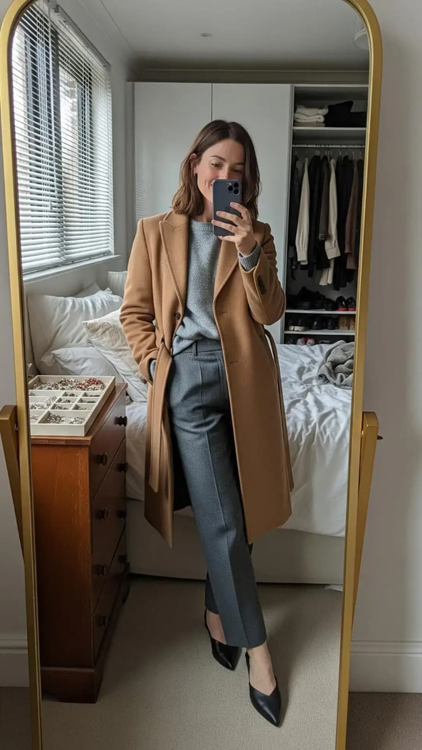 Camel Wool Coat + Grey Sweater + Grey Tailored Trousers + Black Pointed Heels