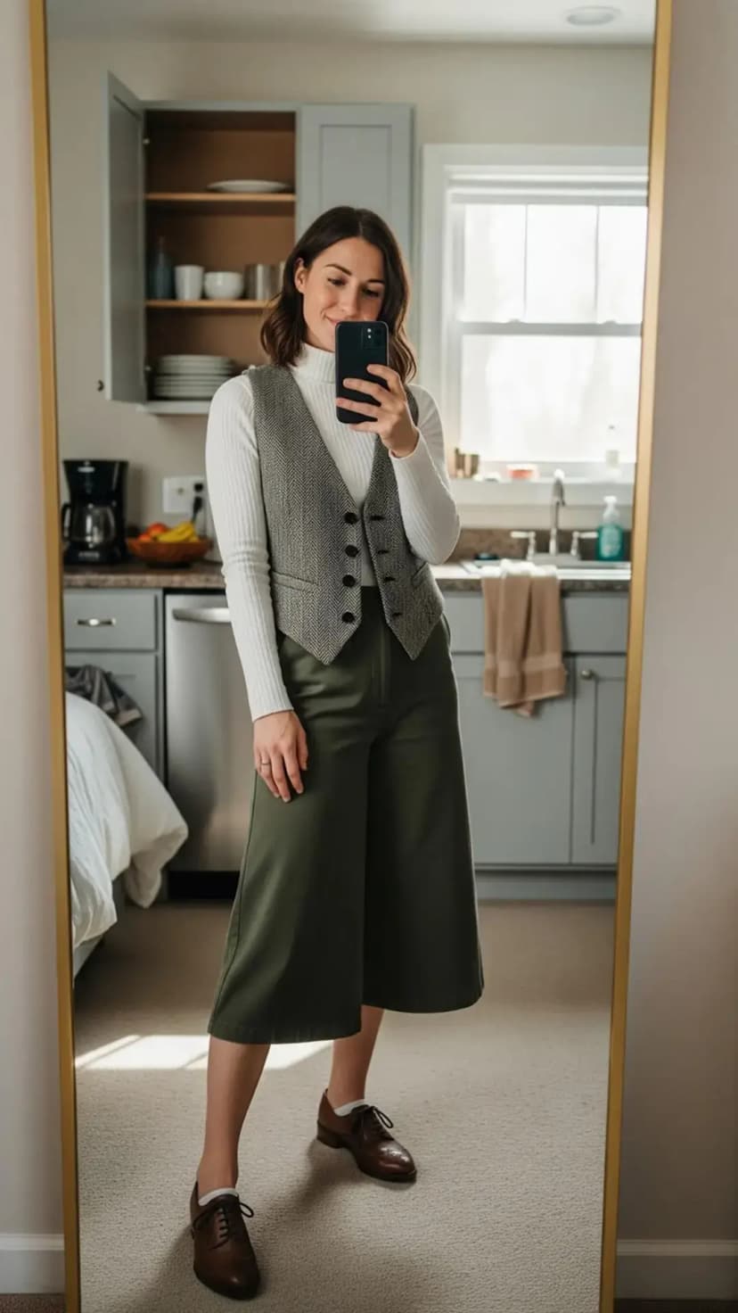 White Ribbed Turtleneck + Grey Buttoned Vest + Olive Culottes + Brown Oxford Shoes