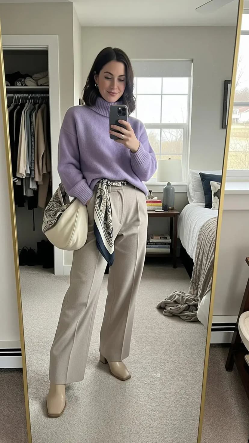 Lavender Turtleneck Sweater + Beige Wide-Leg Trousers + Beige Ankle Boots