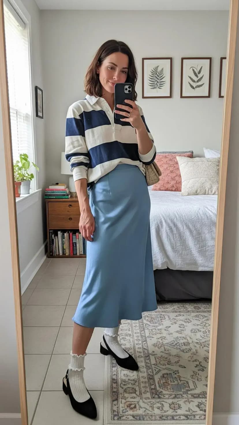 Navy and White Rugby Shirt + Blue Satin Midi Skirt + White Ruffle Socks + Black Slingback Heels