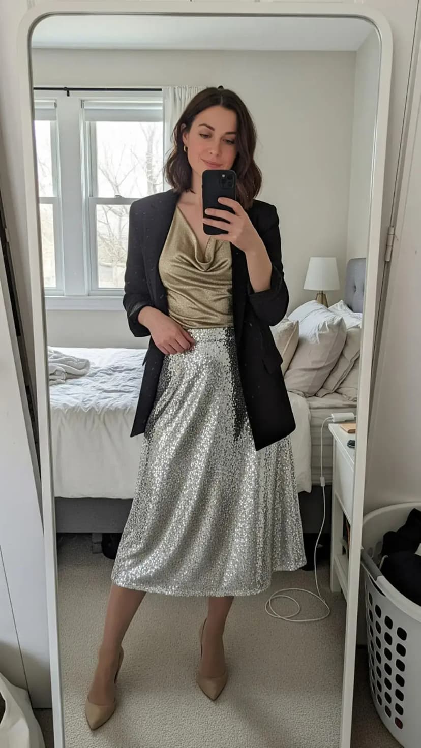Black Blazer + Gold Cowl Top + Silver Sequin Midi Skirt + Nude Heels
