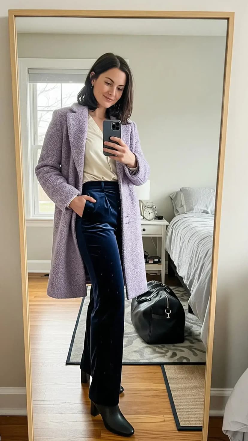 Lavender Coat + Ivory Blouse + Navy Velvet Trousers + Black Ankle Boots