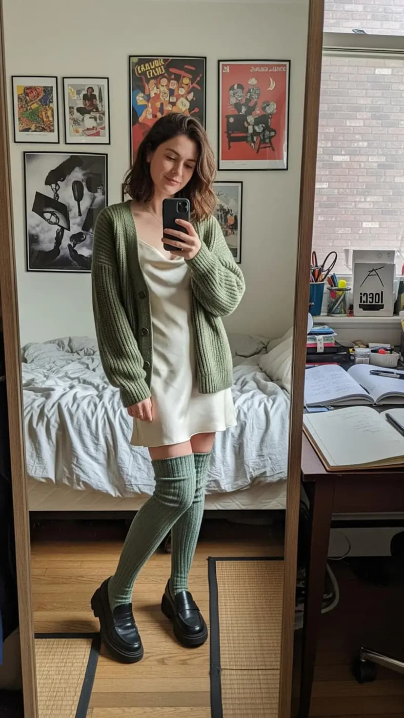 Cream Slip Dress + Chunky Green Cardigan + Ribbed Knee-High Socks + Black Platform Loafers