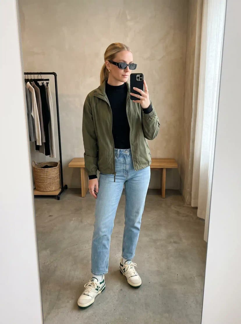 Olive Bomber Jacket + Black Turtleneck + Light Wash Jeans