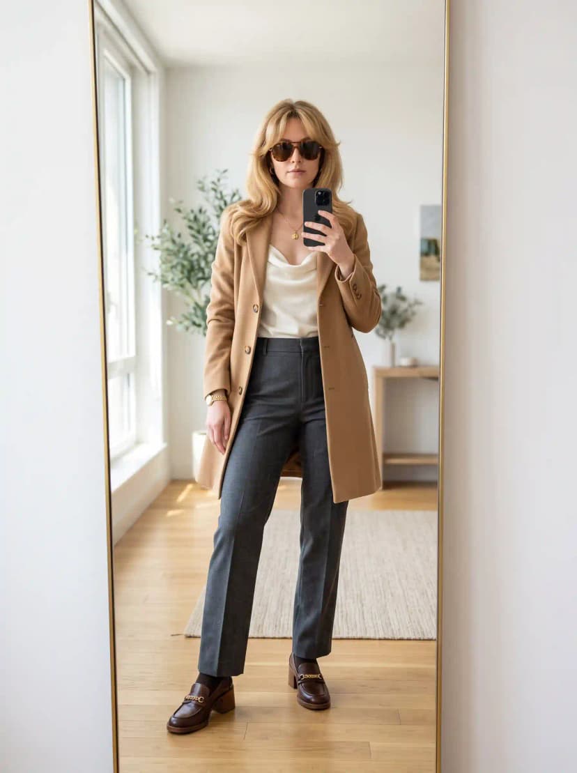 Camel Coat + White Top + Grey Trousers