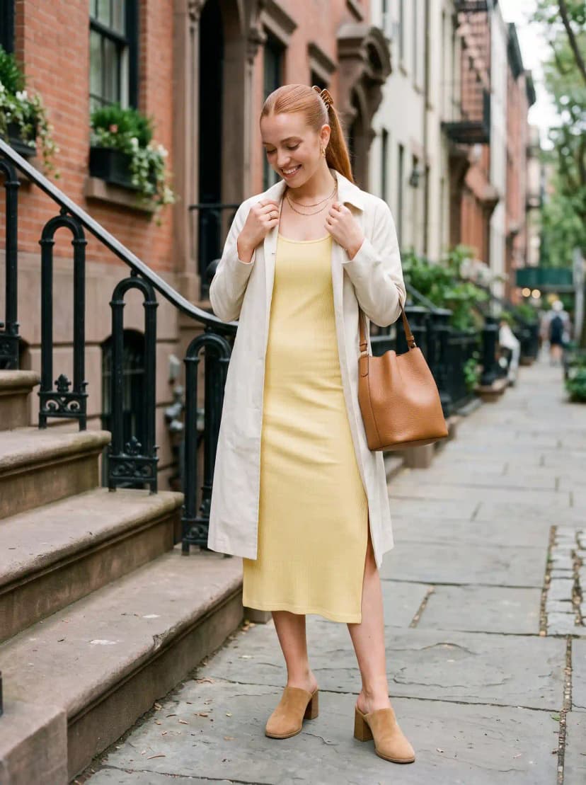 Cream Trench Coat + Yellow Ribbed Dress