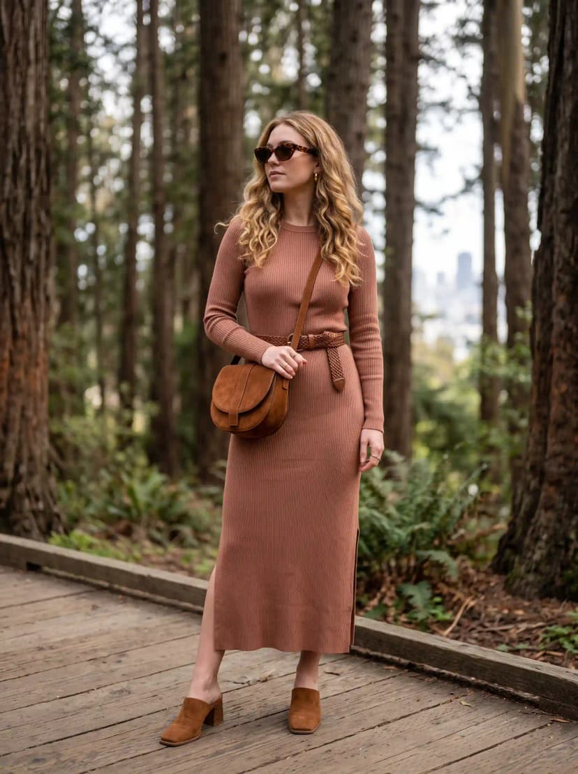 Brown Ribbed Knit Midi Dress
