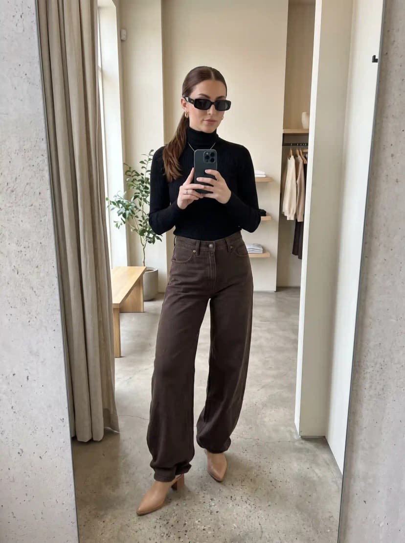 Black Turtleneck + Brown Wide-Leg Pants