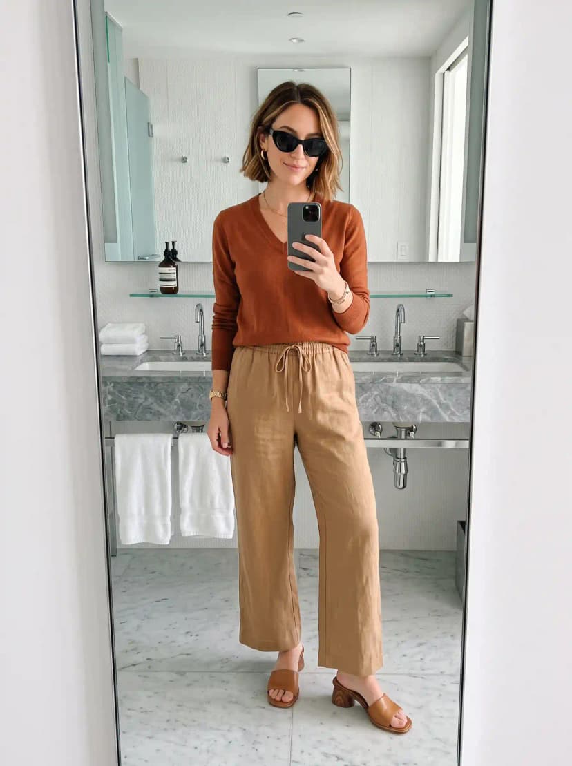 Rust V-Neck Sweater + Tan Linen Pants