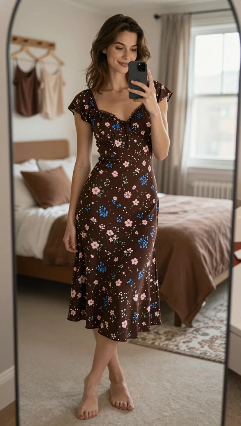 Brown Floral Print Midi Dress