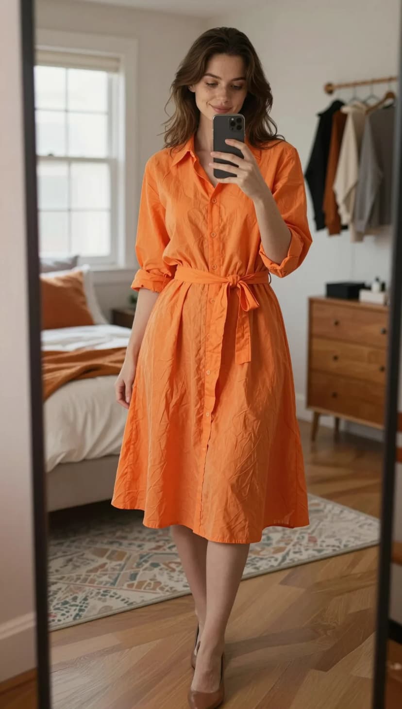 Orange Linen Shirt Dress + Brown Leather Heels