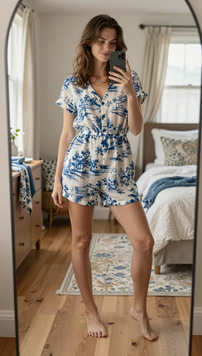 Blue Toile Print Short Sleeve Romper