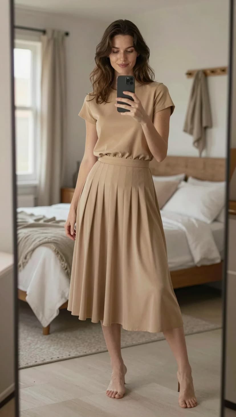 Tan Jersey T-Shirt + Tan Pleated Midi Skirt