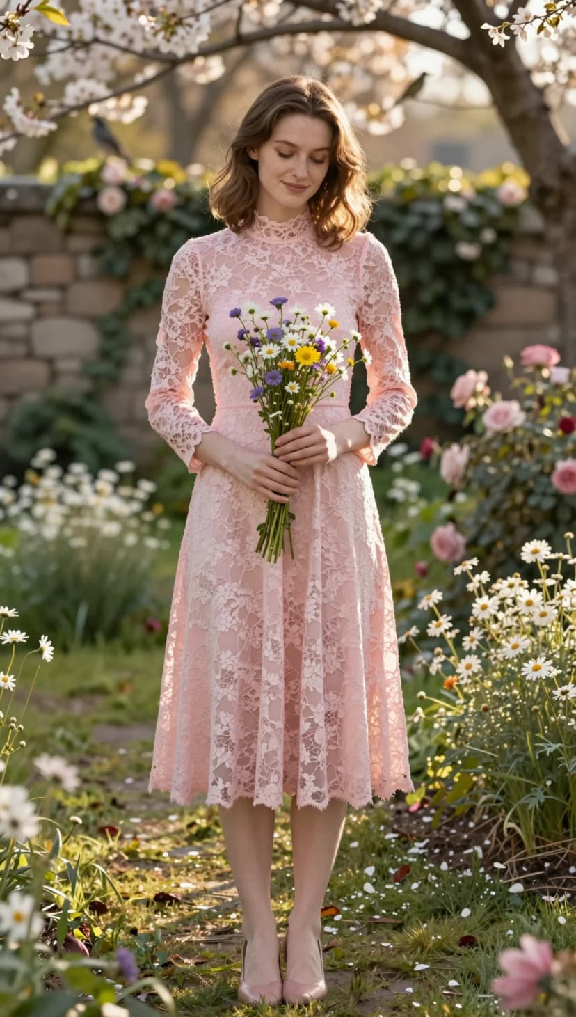 Pink Lace Midi Dress + Pink Pointed-Toe Heels