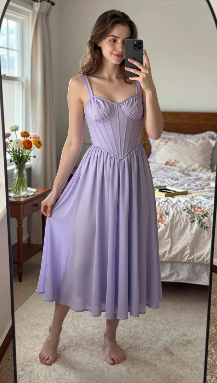 Lavender Chiffon Corset Midi Dress