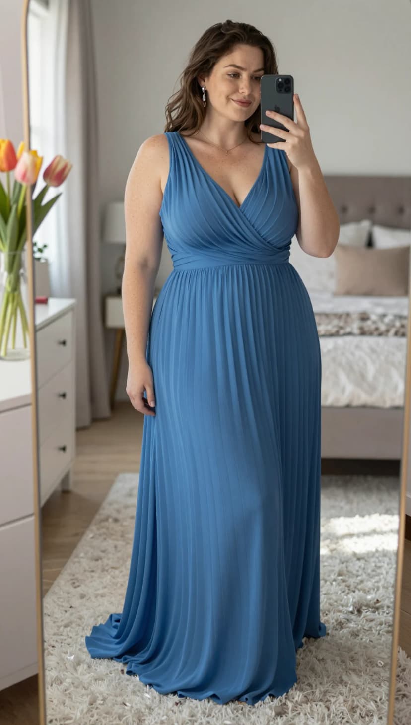 Blue Pleated Chiffon Gown