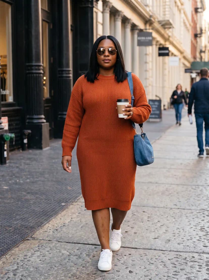 Rust Sweater Dress + White Sneakers