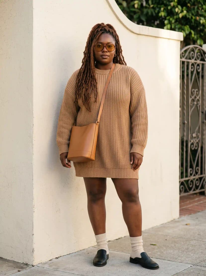 Camel Sweater Dress + Black Loafers