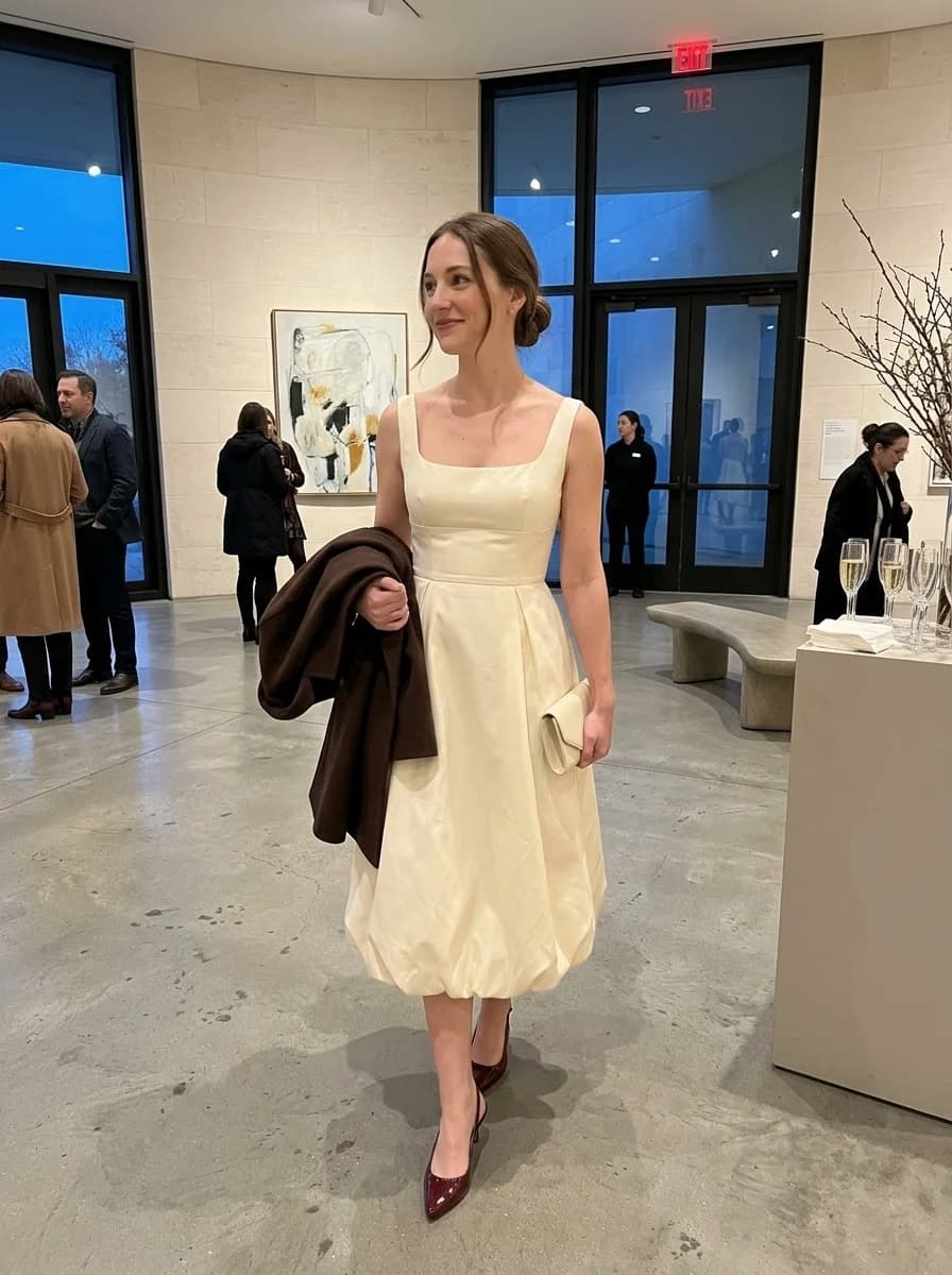Cream bubble-hem sleeveless dress with burgundy slingback heels and chocolate brown coat