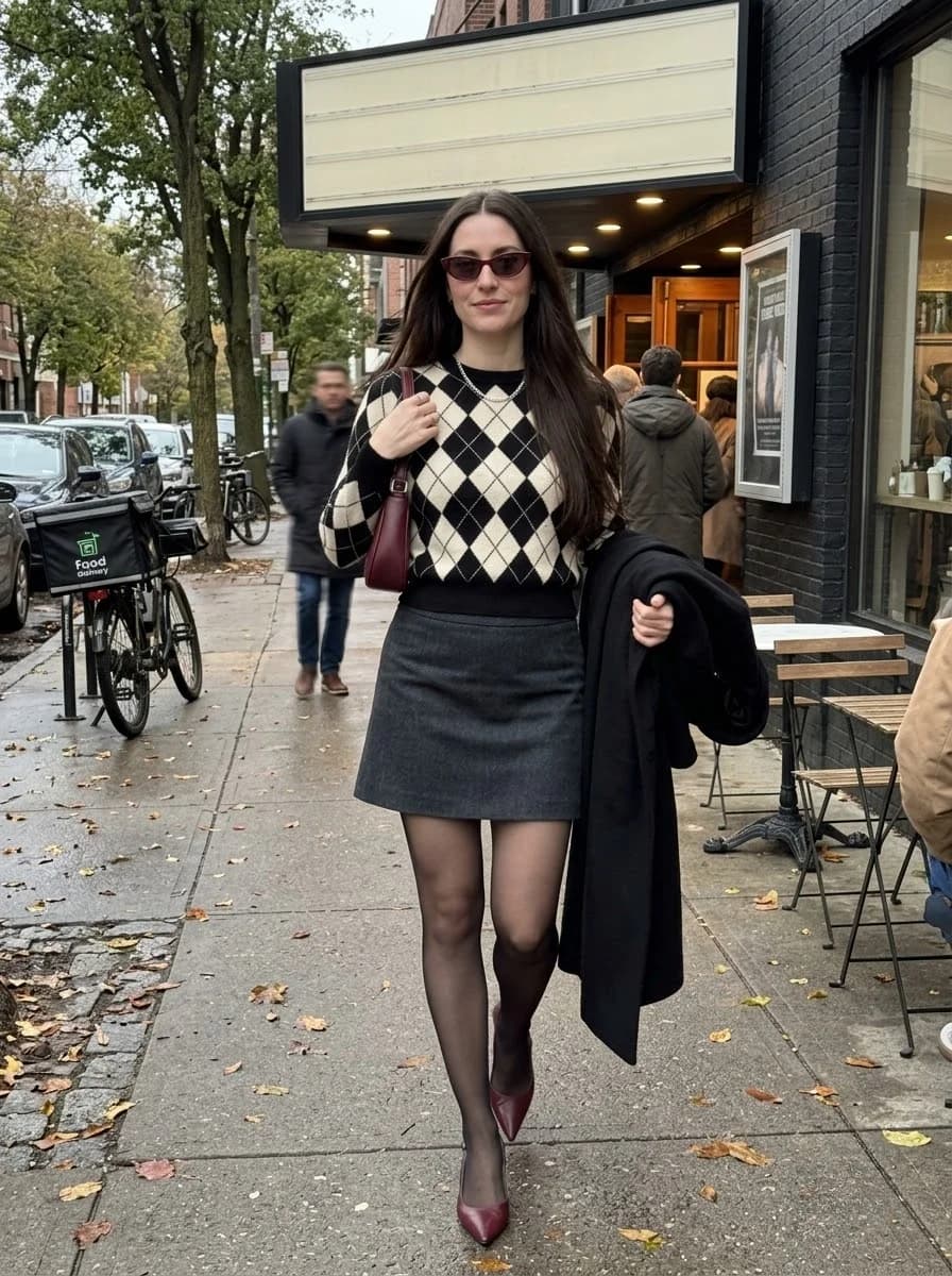 Black and cream argyle sweater with charcoal mini skirt, sheer black tights, and burgundy pumps