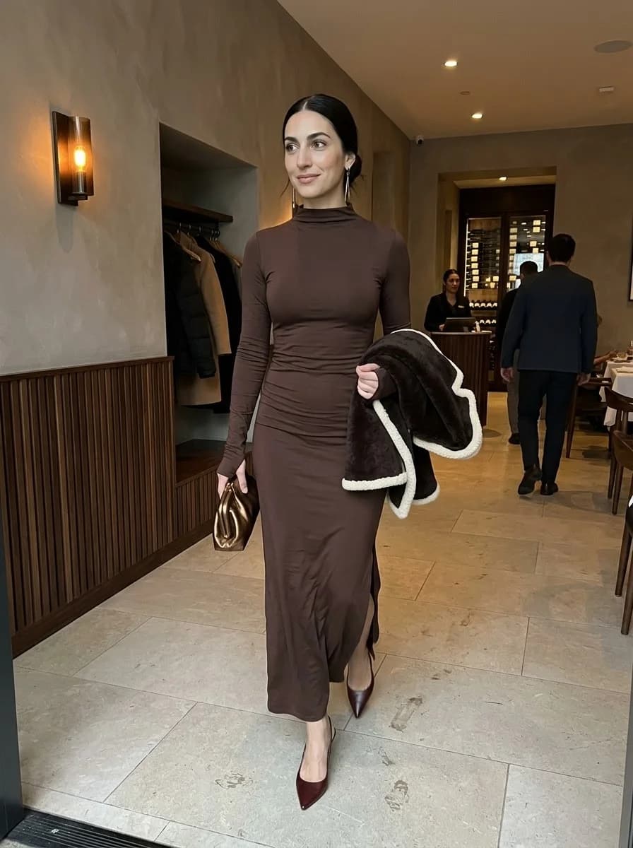 Fitted chocolate brown mock-neck midi dress with long sleeves, burgundy pumps, and metallic clutch