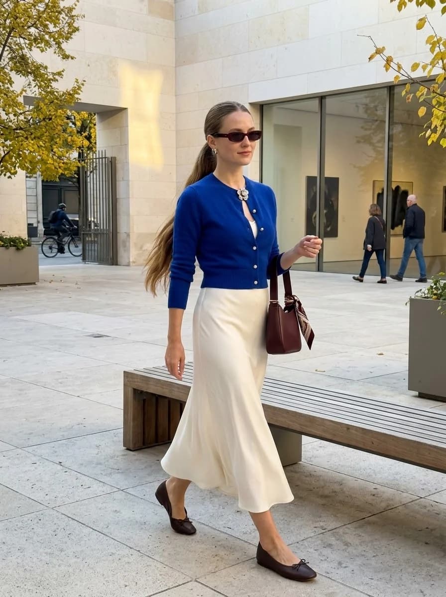 Cobalt blue knit cardigan paired with cream satin midi skirt, brown ballet flats, and burgundy bag