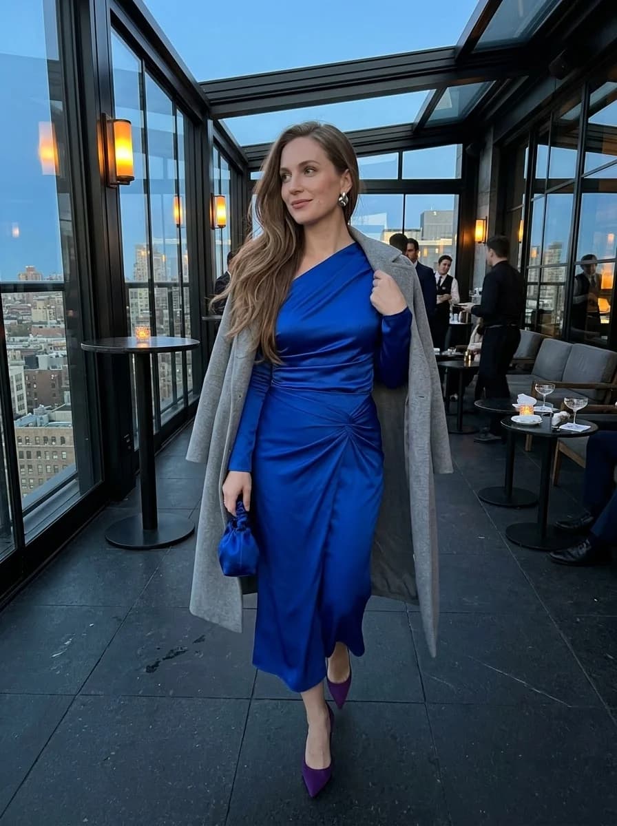 Royal blue one-shoulder satin midi dress with purple pumps, blue drawstring bag, and silver earrings