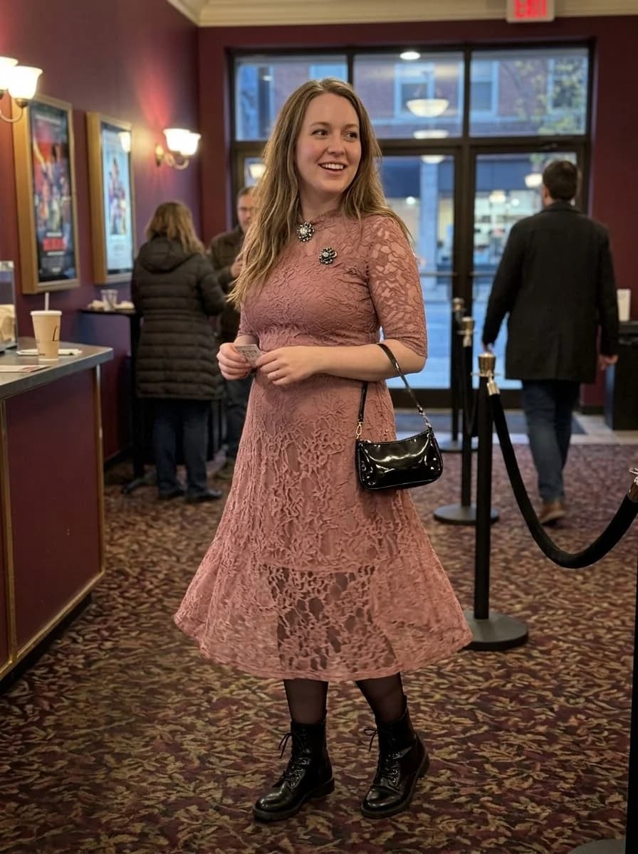 Dusty pink lace midi dress with black combat boots, sheer tights, and patent shoulder bag