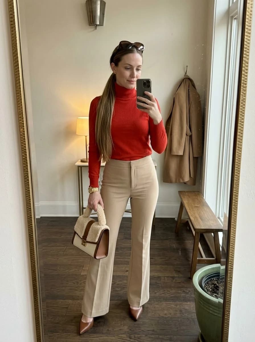 Red fitted turtleneck top with tailored tan trousers and pointed brown heels