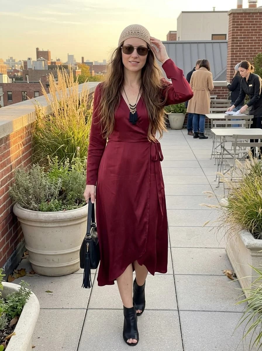 Deep wine red maroon wrap midi dress with V-neckline, side tie, and black open-toe ankle boots